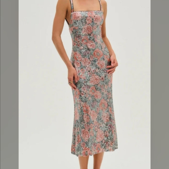 For Love & Lemons Pink Multi Sequin Floral Backless Midi Dress Never Worn. - Picture 2 of 6